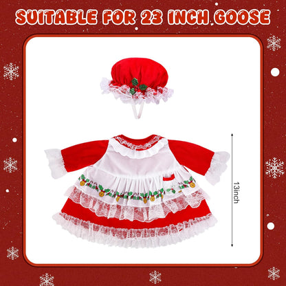 2 Pcs/Set Christmas Mrs. Claus Porch Goose Outfits, Lawn Goose Statue Mrs. Claus Costume, Red Green White Christmas Garden Goose Clothes Dress and Hat for 23" High Statue Xmas Holiday Patio Yard Decor