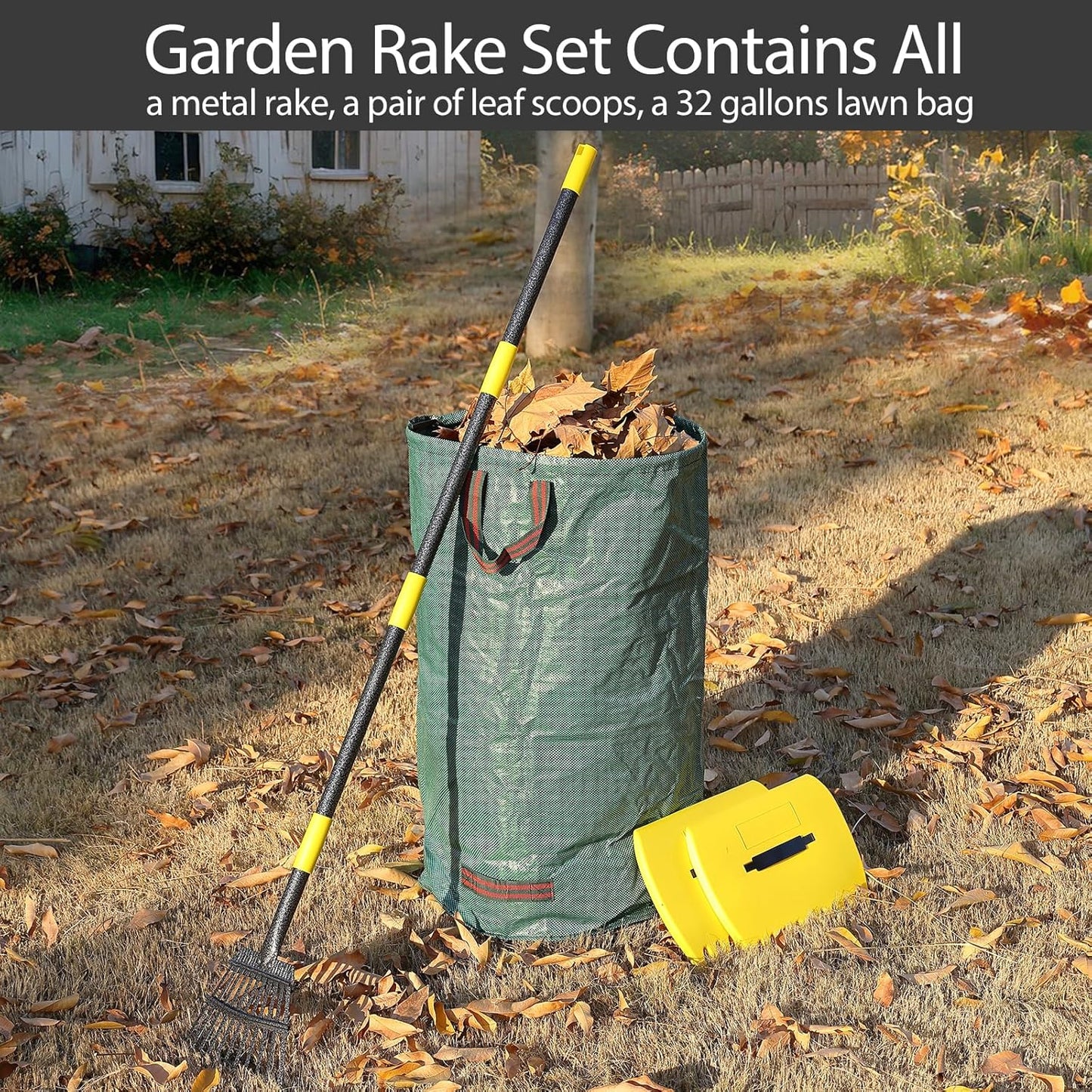 Rake for Leaves, 11 Tines 9" Wide Metal Leaf Rake with 32 Gallon Lawn and Leaf Bags & Scoops for Garden Adult Kids Lawn Shrub Yard Landscape Heavy Duty Long Handle 30-60