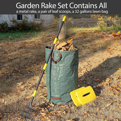 Rake for Leaves, 11 Tines 9" Wide Metal Leaf Rake with 32 Gallon Lawn and Leaf Bags & Scoops for Garden Adult Kids Lawn Shrub Yard Landscape Heavy Duty Long Handle 30-60