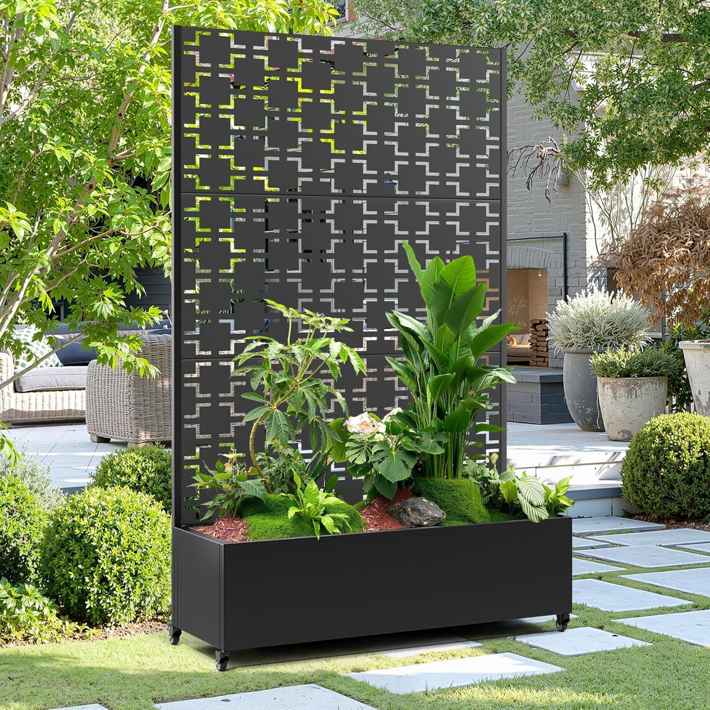 15.7"×70.9"×47.2" Metal Raised Garden Bed with Trellis and Wheels - Tall Trellis Planter Box for Climbing Plants, Vegetables & Vines - Outdoor Privacy Planters for Patio (Black-Square)