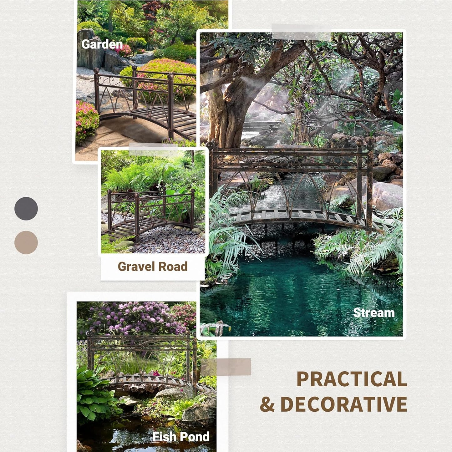 Outsunny 3.3' Metal Arch Zen Garden Bridge with Safety Siderails, Decorative Footbridge, Delicate Scrollwork & Corner Spheres for Stream, Fish Pond, Bronze