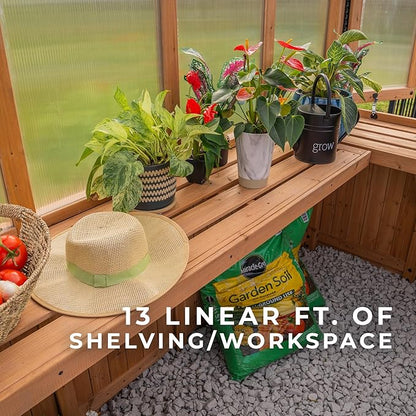 Backyard Discovery Willow 9' x 6' Cedar Wood and Polycarbonate Walk-in Greenhouse Kit with Exhaust Fan, Windows, Hose Hook-Ups, PowerPort, Staging Shelves for Year-Round Outdoor Gardening