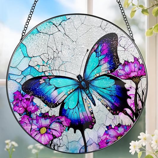 8 Inch Stained Glass Suncatcher Ornament, DOUHASU Butterfly Sun Catchers Indoor Window, Stained