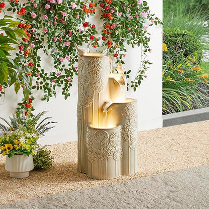 Glitzhome 31.75" H Outdoor Water Fountain with LED Lights and Pump, 4 Tier Dandelion Texture Vase Shaped Ceramic Floor Standing Fountain with Birds for Porch Deck Garden Patio Backyard, Sand Beige