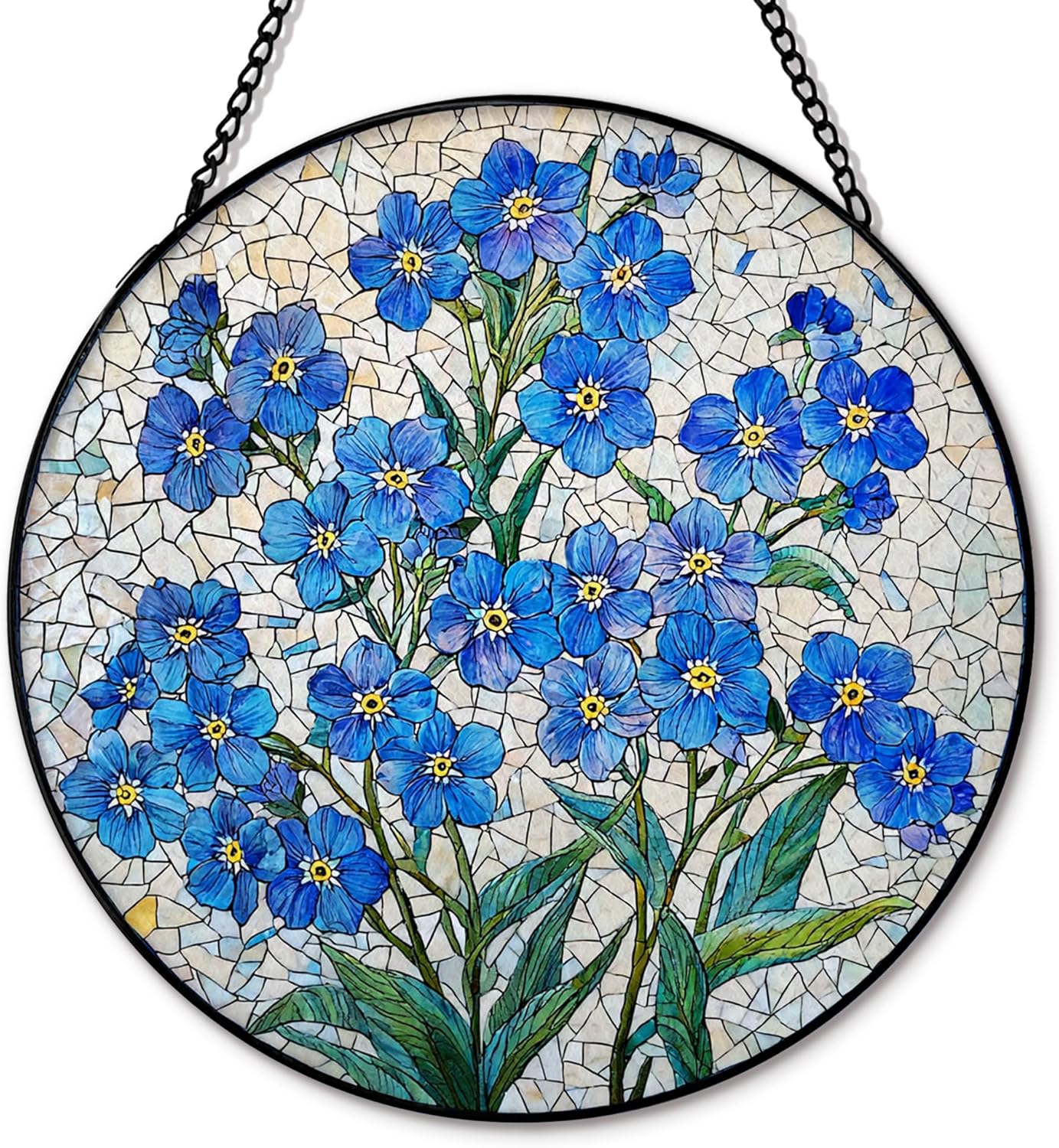 Blue Forget Me Not Flower Suncatcher Stained Glass Window Hanging, Blue Floral Sun Catchers Indoor Window Glass Round Wall Decor, Floral Wall Art Hanging Decorations, ＂7.8x7.8＂
