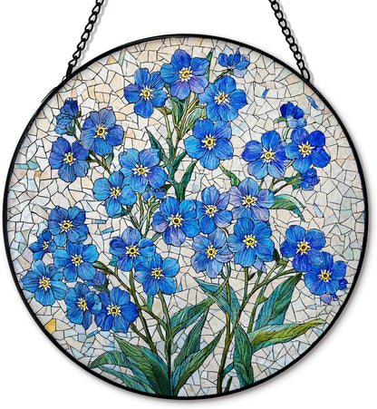 Blue Forget Me Not Flower Suncatcher Stained Glass Window Hanging, Blue Floral Sun Catchers Indoor Window Glass Round Wall Decor, Floral Wall Art Hanging Decorations, ＂7.8x7.8＂