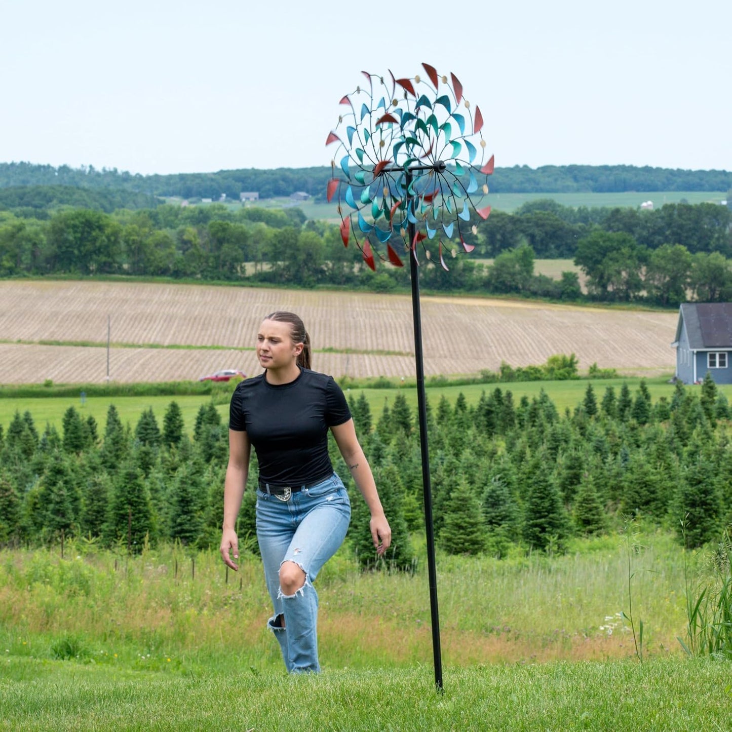 Sunnydaze Rainbow Breezes Metal Garden Wind Spinner - Removable Pole Sections for Adjustable Height - Dual-Motion Blades - 84" H