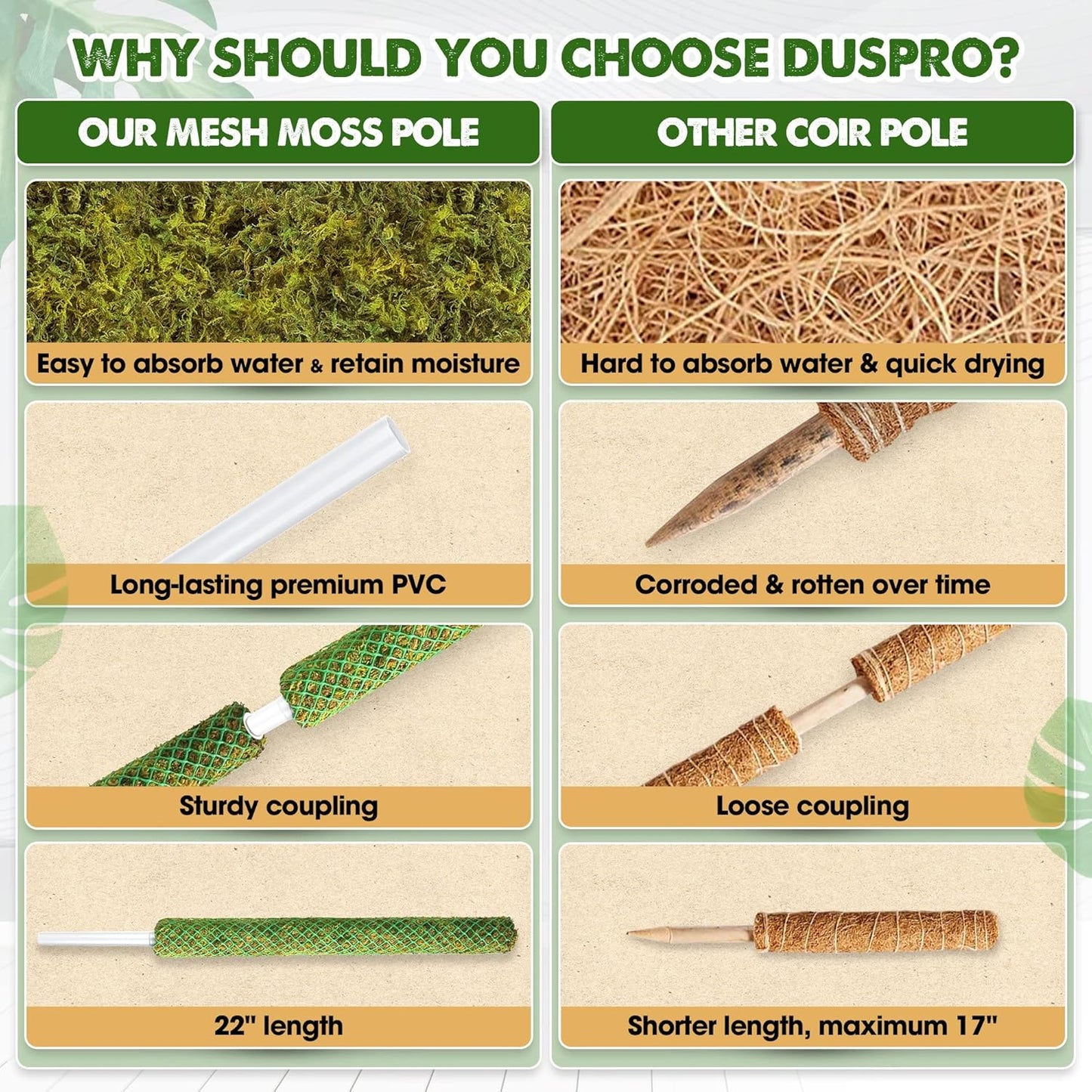 DUSPRO Green Stackable Mesh Moss Pole for Plants Climbing Vine Supporting Monstera Trellis, for Indoor Plants Extendable Plant Pole Moss Sticks, for Plants Monstera Potted Plant Stakes 2 pcs 22''