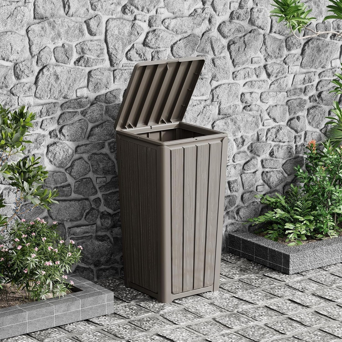 Outdoor Trash Can 23 Gallon Garbage Can with Lid Waterproof Resin Garbage Patio Waste Bin for Garden, Backyard, Deck,Gray