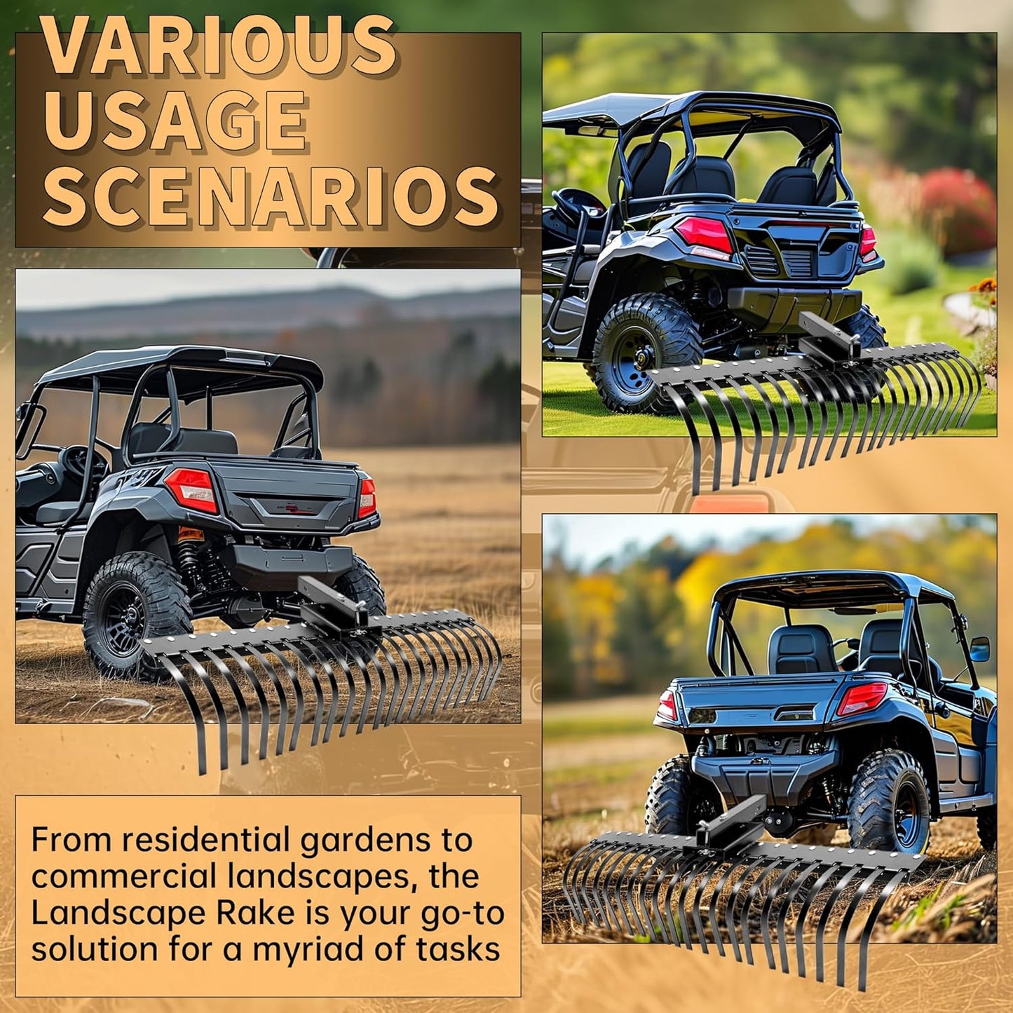 KUAFU 60 Inch Landscape Rake Pine Straw Rake Tractors Rake Fit for 2 Inch Receiver ATV UTV SxS Features 48" or 60" Accessory Tool Bar & 3 Point Hitch System Powder Coated Steel