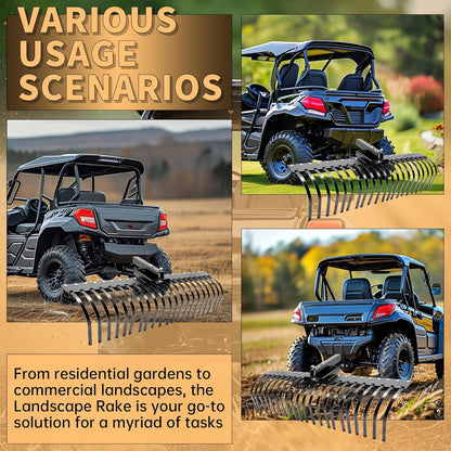 KUAFU 60 Inch Landscape Rake Pine Straw Rake Tractors Rake Fit for 2 Inch Receiver ATV UTV SxS Features 48" or 60" Accessory Tool Bar & 3 Point Hitch System Powder Coated Steel