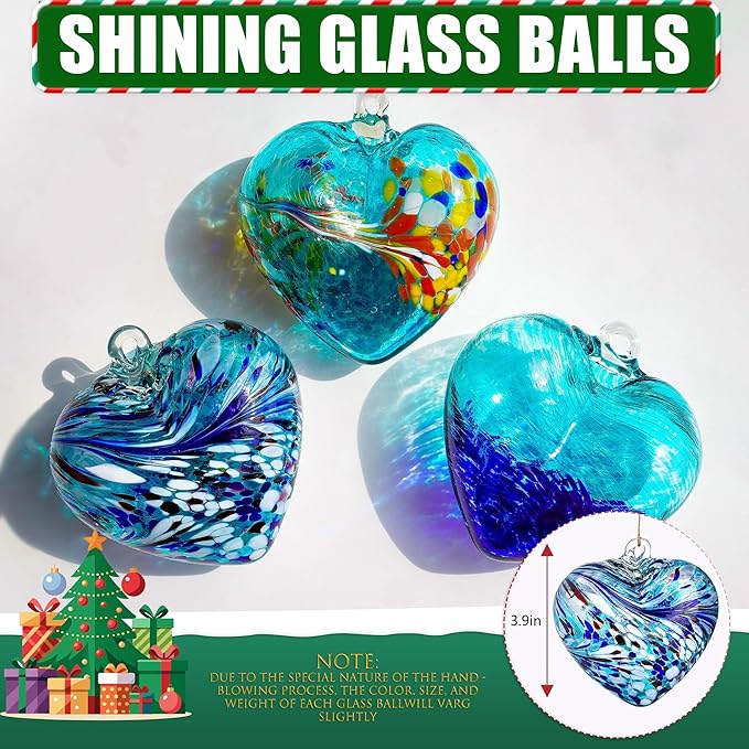Hand Blown Glass Gazing Balls for Garden Love Heart Hanging Friendship Balls Christmas Ball Ornaments for Xmas Tree Decoration (Blue - A)