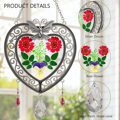 KY&BOSAM Heart Suncatcher Crystal Tree of Life Stained Glass Panles Real Flower Hangings for Windows Home Garden Outside Wind Chime Decor Birthday Gifts for Women Mother`s Day Christmas Ornament