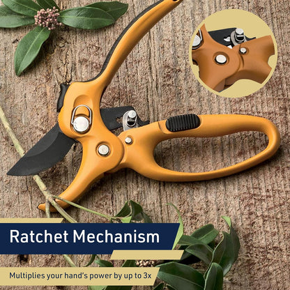 Kings County Tools Ratcheting Hand Pruner | Extra Cutting Strength | Adjust Grip to Activate Ratchet Mechanism | Cast Aluminum with Rubber Grip on Handle | Carbon Steel Blade