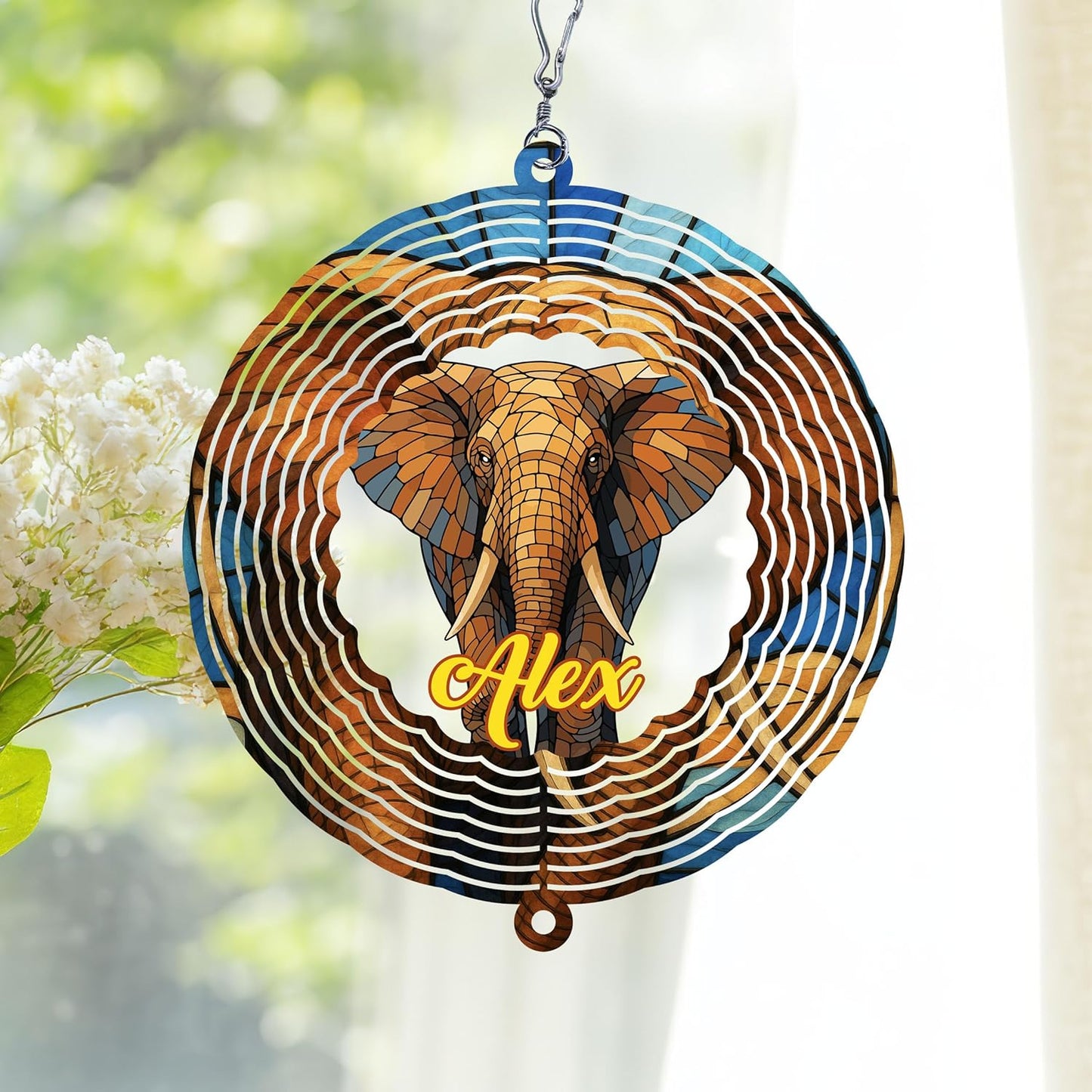 Personalized Elephant Wind Spinner 3D Stainless Steel, Elephant Garden Spinner Hanging Outdoor Decor, Wind Spinners Outdoor, Custom Gift for Grandmother, Mom, Wife