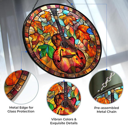 Thanksgiving Guitar Stained Glass Window Hangings Stained Glass Suncatcher Birthday Gift for Mom Grandma Teacher Women Friend Memorial Hook