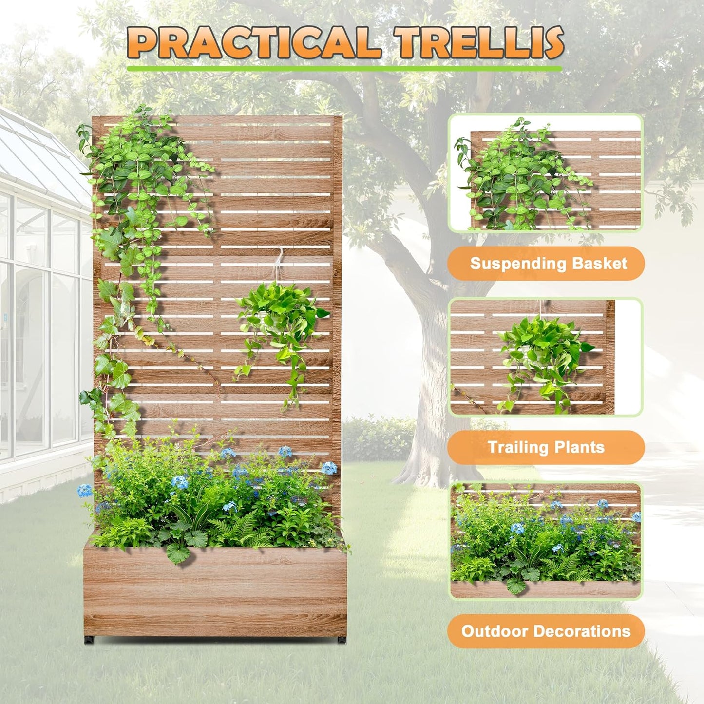 Metal Raised Garden Bed with Trellis, 2-in-1 Planter Box & Privacy Screen for Climbing Plants, Outdoor Standing Flower Bed with Drainage Holes, 35.4" L x 15.7" W x 70.1" H, Cut Oak Grain