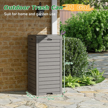 31 Gallon Outdoor Trash Can, Waterproof Resin Garbage Can with Lid and Drip Tray Easy Cleaning Kitchen Waste Bin Patio Waste Bin for Garden, Backyard, Deck and Office, Gray