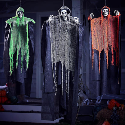 JOYIN 3 Pcs Halloween Hanging Grim Reapers, one 63” Two 47” Grim Reapers, Halloween Skeleton Outdoor Decoration Flying Ghost for Haunted Haunted House Prop, Party Supplies Decor