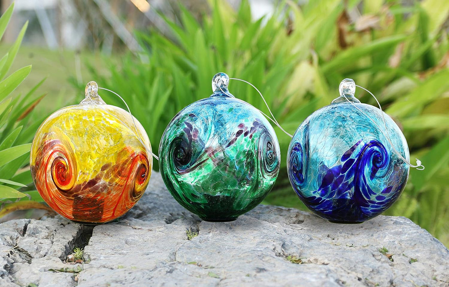 4.6-Inch Solar Hanging Glass Gazing Ball Outdoor Garden Décor Aqua-Green Swirl