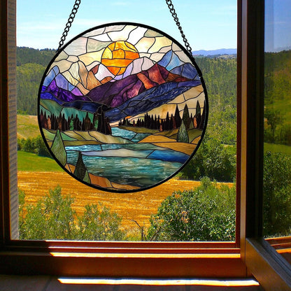 Stained Glass Window Hanging, Blue Lake Golden Sun Abstract Mountains Landscape Suncatcher for Doors Window Home Sun Catchers Decor Mother's Day Birthday Gifts for Women Men Mom 11.8 in