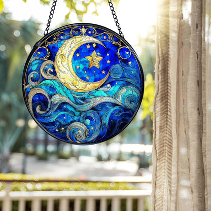kdqua Moon and Star Suncatcher Stained Glass Window Hanging, Blue Celestial Astronomy Sun Catchers Indoor Window Glass Round Wall Decor, Moon and Stars Wall Art Hanging Decorations Statues, 7.9x7.9in