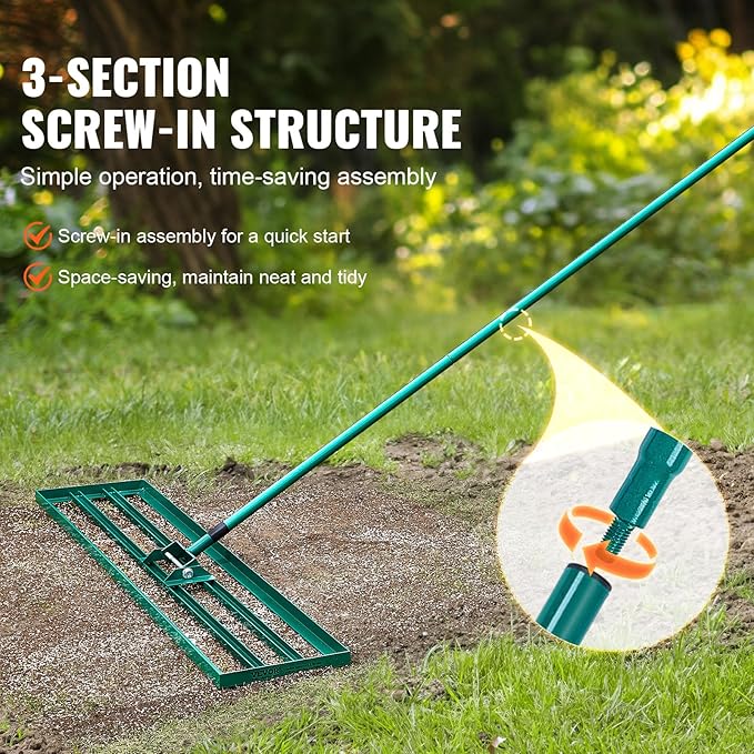 VEVOR Lawn Leveling Rake, 48""x10"" Level Lawn Tool, Heavy-Duty Lawn Leveler with 78"" Steel Extended Handle, Yard Leveling Rake Suit for Garden, Golf Lawn, Farm, Green