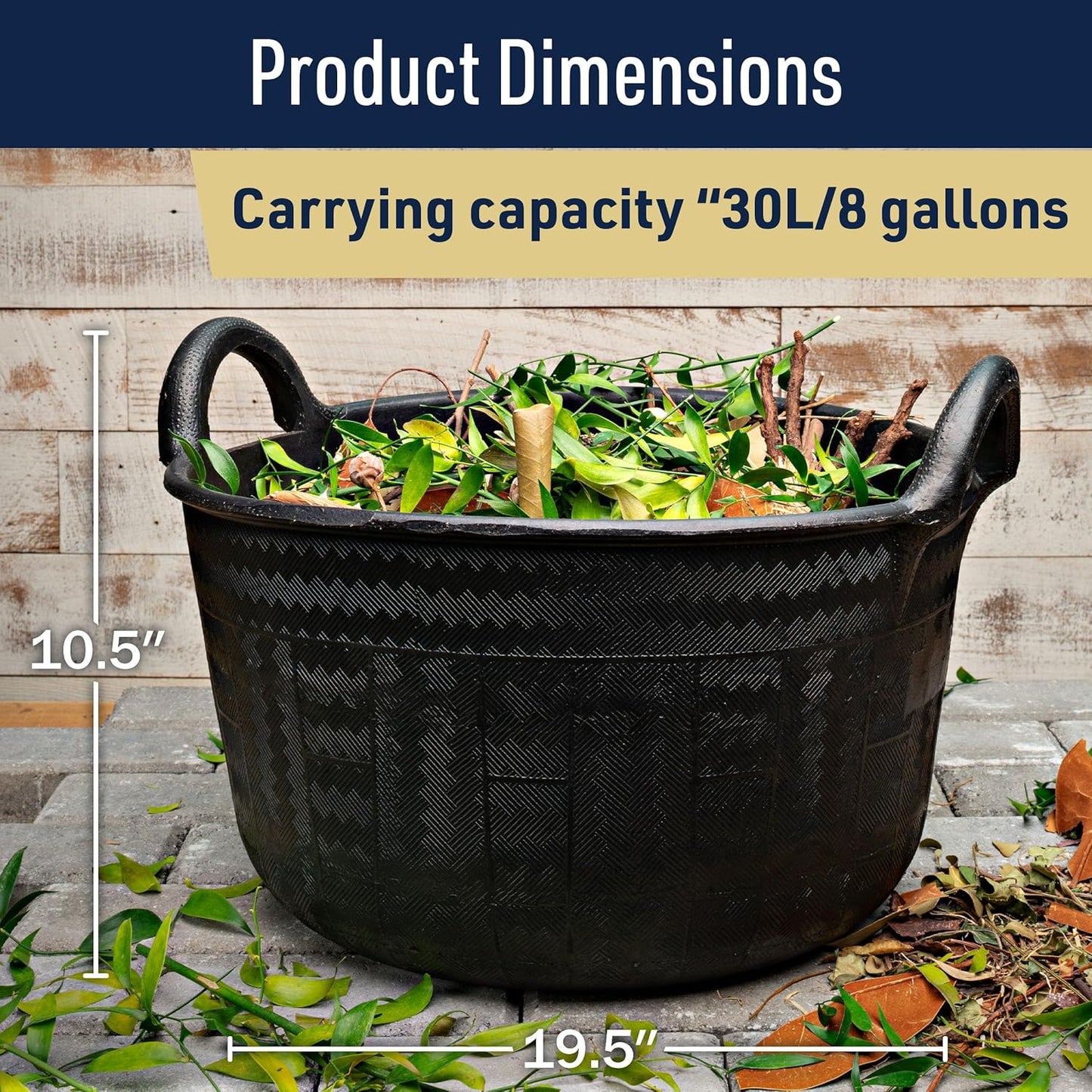 Large Bucket with Handles - 30L/8-Gal Natural Rubber Bucket - Multi Use Yard Waste Bin, Harvesting Basket for Gardening, or Utility Tub for Soaking and Washing Laundry by Kings County Tools (Black)
