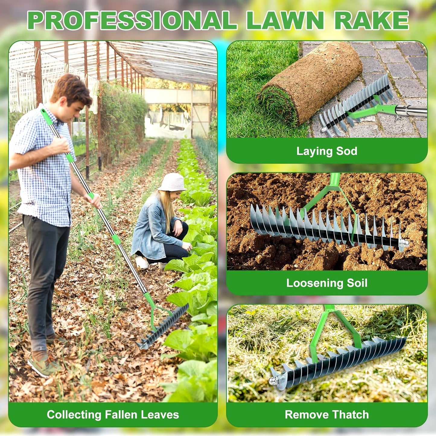 Thatch Rake, 66 Inch Long Dethatching Rake with 12.4 Inch Wide Double Sided Steel Teeth, Heavy Duty Garden Rakes with Efficient Metal Handle for Cleaning Grass, Loosening Lawn Soil