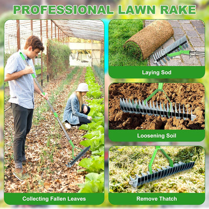 Thatch Rake, 66 Inch Long Dethatching Rake with 12.4 Inch Wide Double Sided Steel Teeth, Heavy Duty Garden Rakes with Efficient Metal Handle for Cleaning Grass, Loosening Lawn Soil