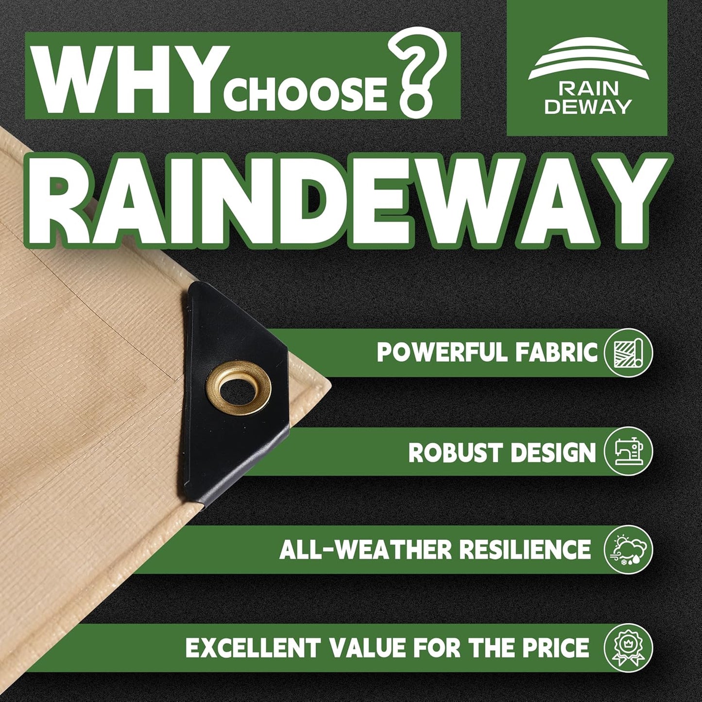 RAINDEWAY 10x12 Feet Heavy Duty Tarp,12 Mil Tan Waterproof Poly Tarp Cover,UV Resistant,Weatherproof,Durable,Multipurpose Tarps with Grommets and Reinforced Edges