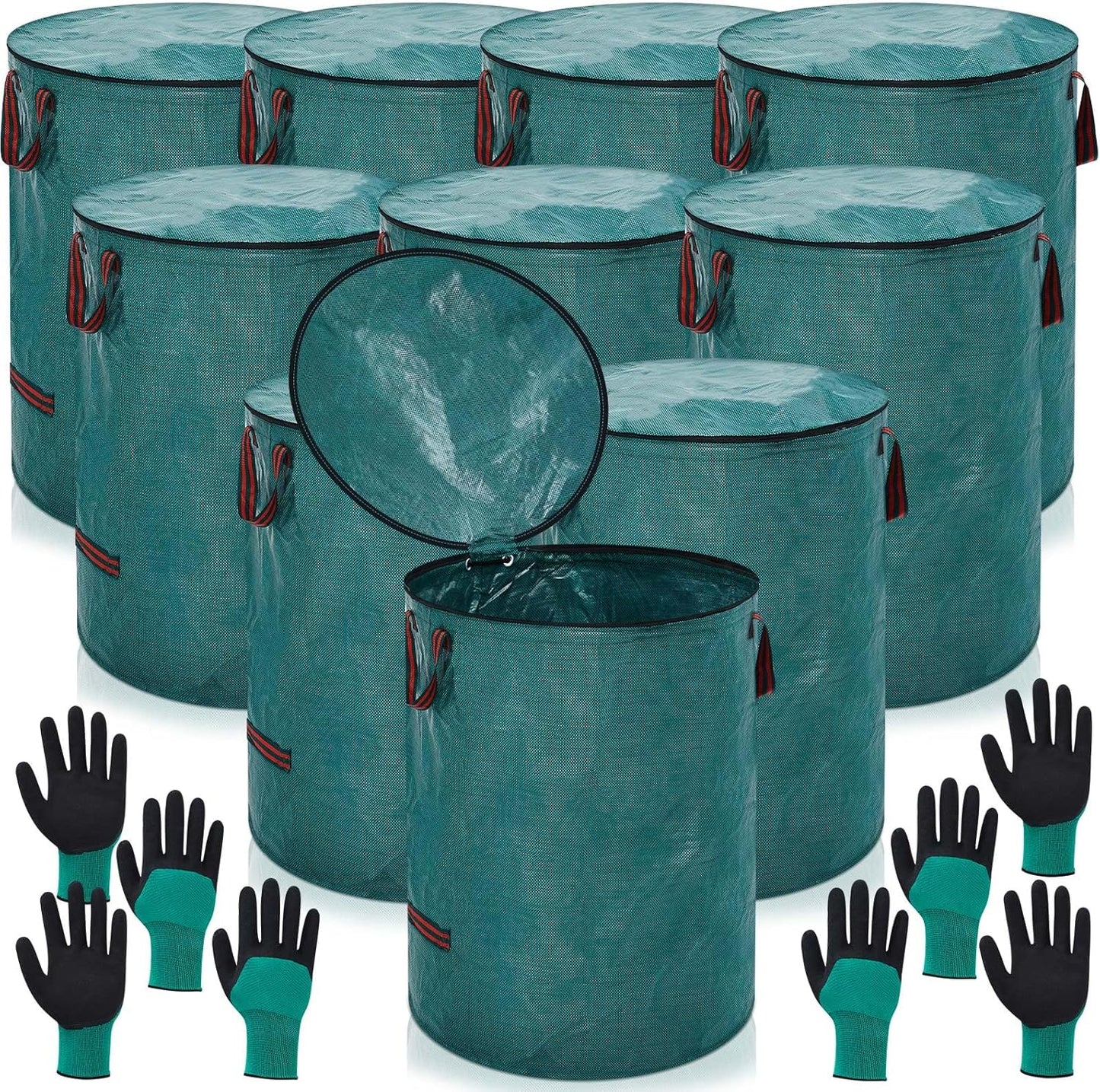 10 Pcs 106 Gallons Yard Waste Bags with Lid and 4 Pairs Gardening Coated Gloves Leaf Bags (h30" x D26") 4 Handles Large Waste Container for Lawn Yard Weed Leaf