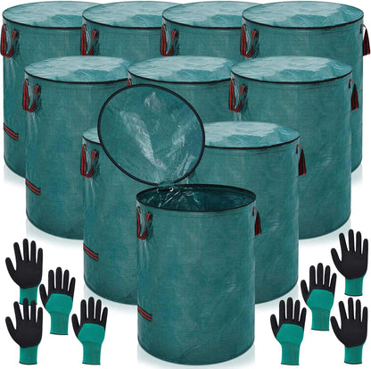 10 Pcs 106 Gallons Yard Waste Bags with Lid and 4 Pairs Gardening Coated Gloves Leaf Bags (h30" x D26") 4 Handles Large Waste Container for Lawn Yard Weed Leaf