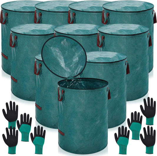 10 Pcs 106 Gallons Yard Waste Bags with Lid and 4 Pairs Gardening Coated Gloves Leaf Bags (h30" x D26") 4 Handles Large Waste Container for Lawn Yard Weed Leaf