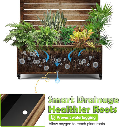 15.7"×70.9"×35.4" Metal Raised Garden Bed with Trellis and Wheels - Tall Trellis Planter Box for Climbing Plants, Vegetables & Vines - Outdoor Privacy Planters for Patio (Vintage Wood Grain)
