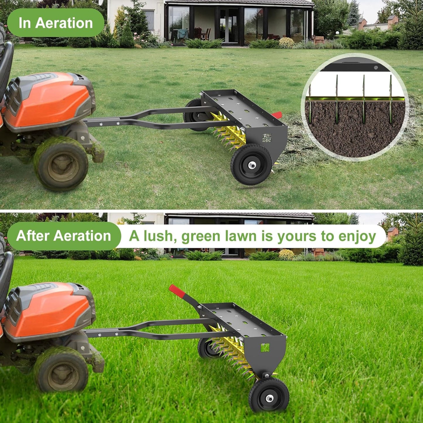 Seeutek 40 Inch Tow Behind Spike Aerator - Heavy Duty Rolling Lawn Aerator with 3D Steel Tines & Weight Tray, Extra-Wide Tow Bar Soil Penetrator Spikes Tractor with Folding Shovel for Lawn Garden Farm
