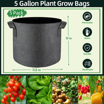 5 Pcs Grow Bags 5 Gallon Plant Grow Bags Multi-Purpose Nonwoven Fabric Pots with Durable Handles,Outdoor Garden Plant Pots for Vegetables Fruits Flowers Herb Succulent Bonsai Plants