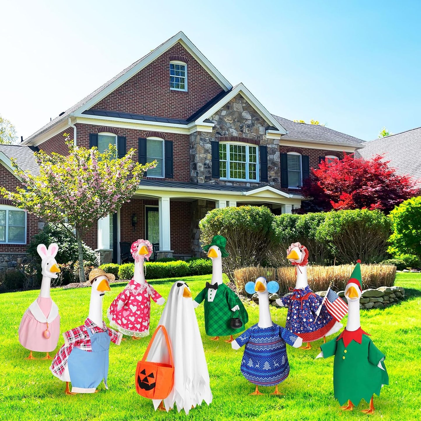 8 Set Seasonal Holiday Goose Outfits Fall Halloween Christmas Summer All Seasons Lawn Porch Goose Clothes Costume for 23" Cement Statue Garden Patio Outdoor Decoration(Basic Style)