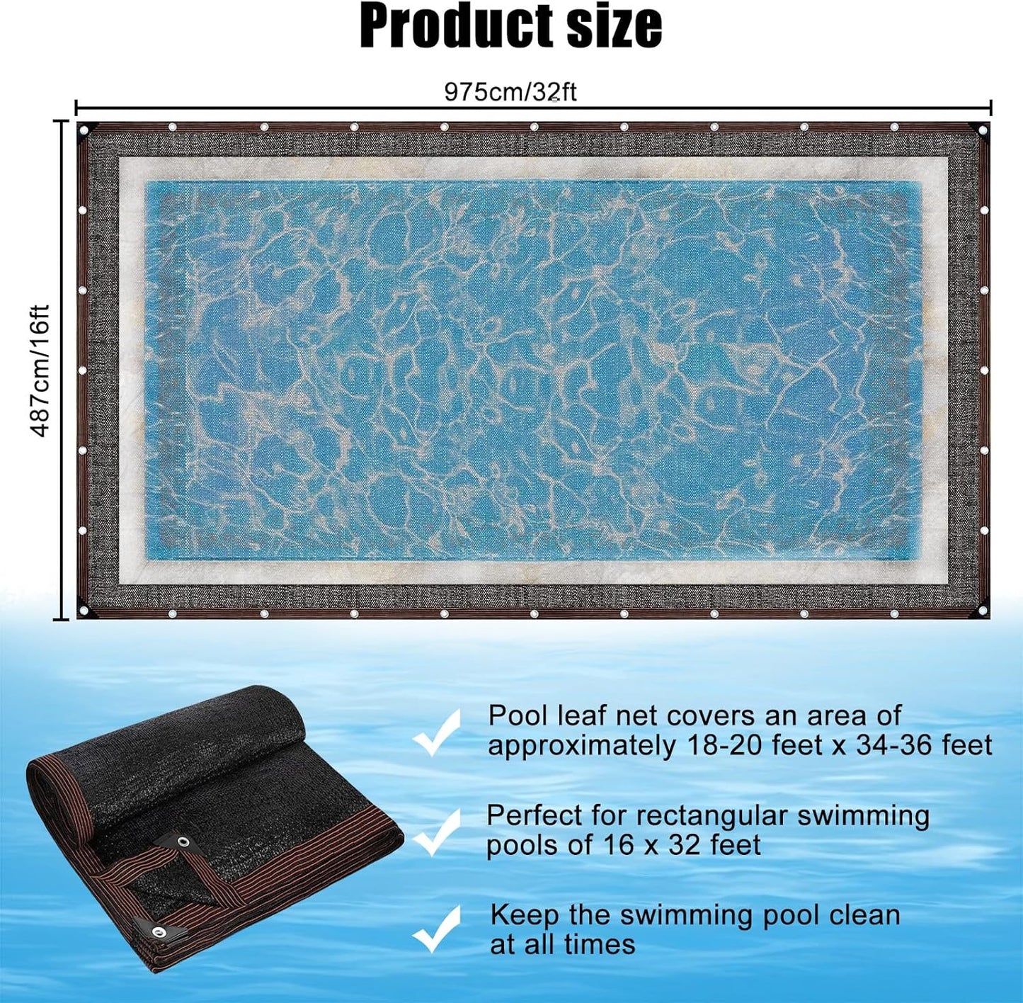16 x 32FT Pool Leaf Net Cover- Thicken Rectangle Leaf Netting for Inground and Above Ground Swimming Pools Cover with Reinforced Gromments,Winter Above Ground Pool Screen Cover, Catching Leaves