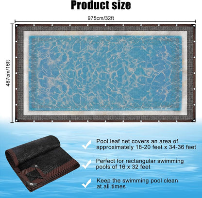 16 x 32FT Pool Leaf Net Cover- Thicken Rectangle Leaf Netting for Inground and Above Ground Swimming Pools Cover with Reinforced Gromments,Winter Above Ground Pool Screen Cover, Catching Leaves