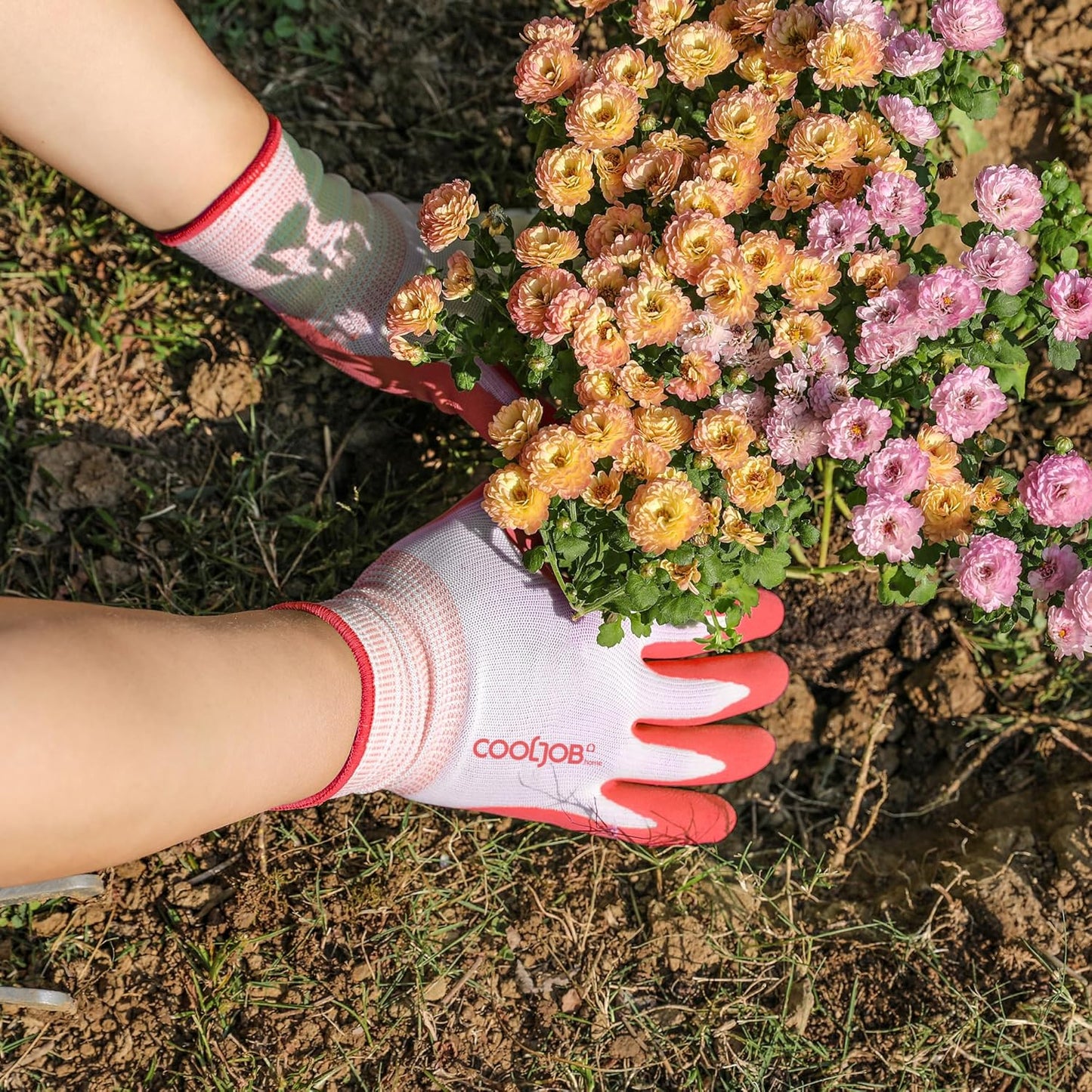 COOLJOB 2 Pairs Gardening Gloves for Women Ladies, Breathable Rubber Coated for Yard Garden, Outdoor Indoor Protective Work with Grip, Medium Size, Red & Green