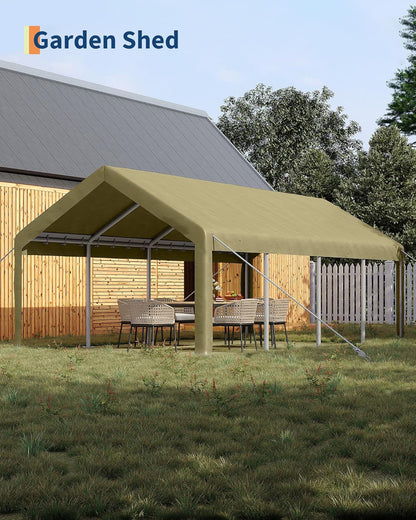 GarveeLife 13x25 ft Carport with 10 Sandbags, Car Port with 220 g PE Tarp, 2 Roll-Up Doors, and 4 Windows, for Full-Size Pickups, Bass Boats, Tractors, and SUVs, Khaki