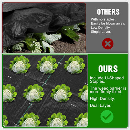 3FT x 100FT Weed Barrier Landscape Fabric Heavy Duty, 3.2oz Premium Gardening Weed Control Mat with 30 U-Shaped Securing Pegs, Ground Cover for Gardening, Farming, Raised Bed（2 Packs 3x50FT）