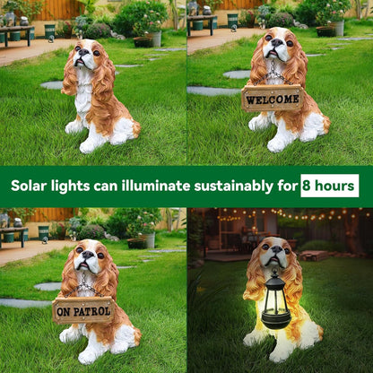 Cavalier King Charles Spaniel Outdoor Dog Statue with Reversible “Welcome/ON Patrol” Hanging Plaque and Solar Porch Lantern, Brown & White Sitting