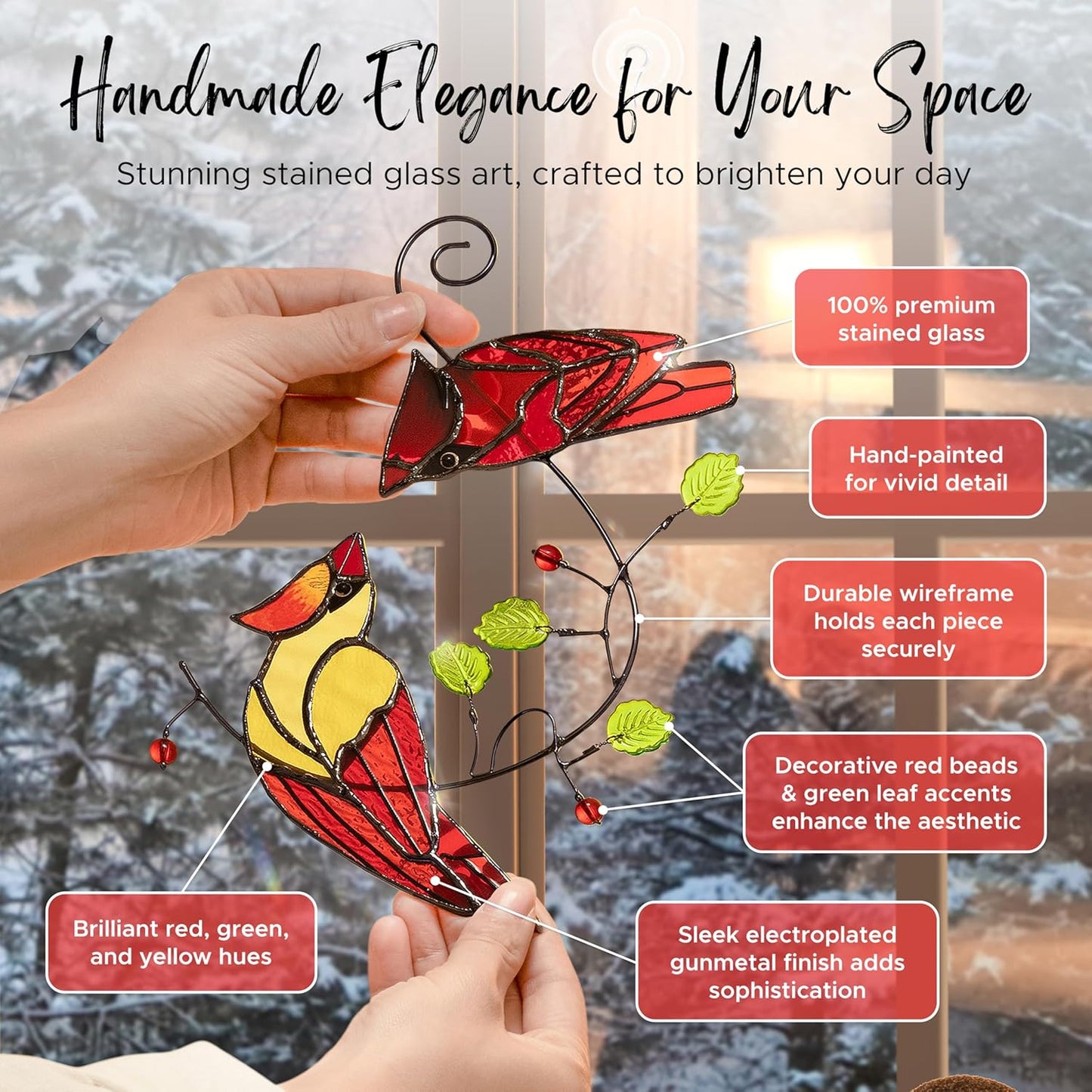 Duo Cardinal Bird Stained Glass Suncatchers for Windows Hanging, Decorative Glass Birds Ornament Window Suncatcher, Unique Bird Lover Gift for Mom, Grandma, Women, or Home Décor
