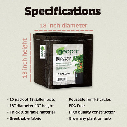 GeoPot 15 Gallon Fabric Grow Bags for Vegetables, Houseplants, Herbs & Flowers | 5-Pack | Aerated Fabric Pots for Outdoors and Indoors