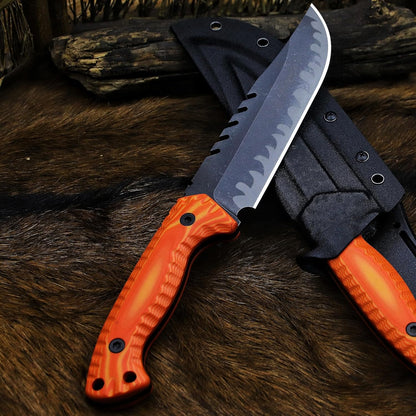 BA-KOR 12.4in Full Tang Fixed Blade Hunting Knife – 6mm 9CR18MoV Steel, G10 Handle, Stonewashed Sawback Blade with Kydex Sheath & Fire Starter for Outdoor, Camping, Survival (Orange with light yellow stripes)