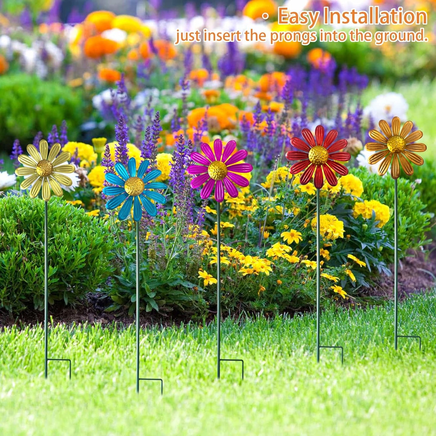 5pcs Wind Spinners Metal Colorful Flowers Garden Stake, Small Daisy Pinwheels, 27" Windmill for Yard Decor, Lawn Ornaments Outdoor Garden Décor, Metal Yard Art, Christmas Decoration Gift
