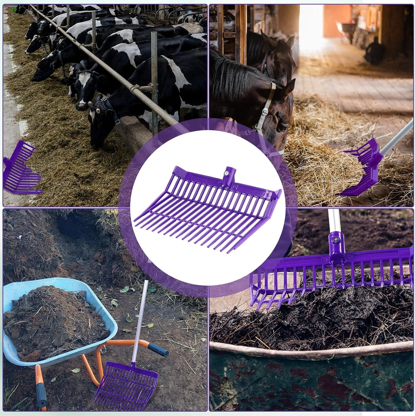 Lasnten 6 Pcs Manure Fork Head Bulk 18 Tines Pitch Fork Replacement Head with Screws and Nuts Durable Stable ABS Plastic Pitchfork for Horse Stall Picking up Manure(Purple)