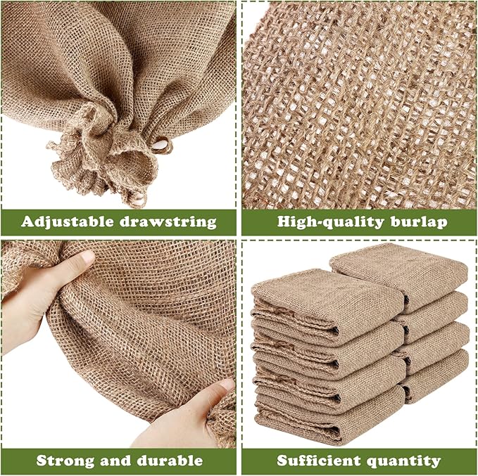 8 Packs Winter Burlap Plant Covers Bags 39.4 x 47.2 Inch Large Burlap Sack Plant Blanket with Drawstring Reusable Warm Plant Frost Cloth Cold Freeze Blanket for Outdoor Fruit Tree Potted Plants
